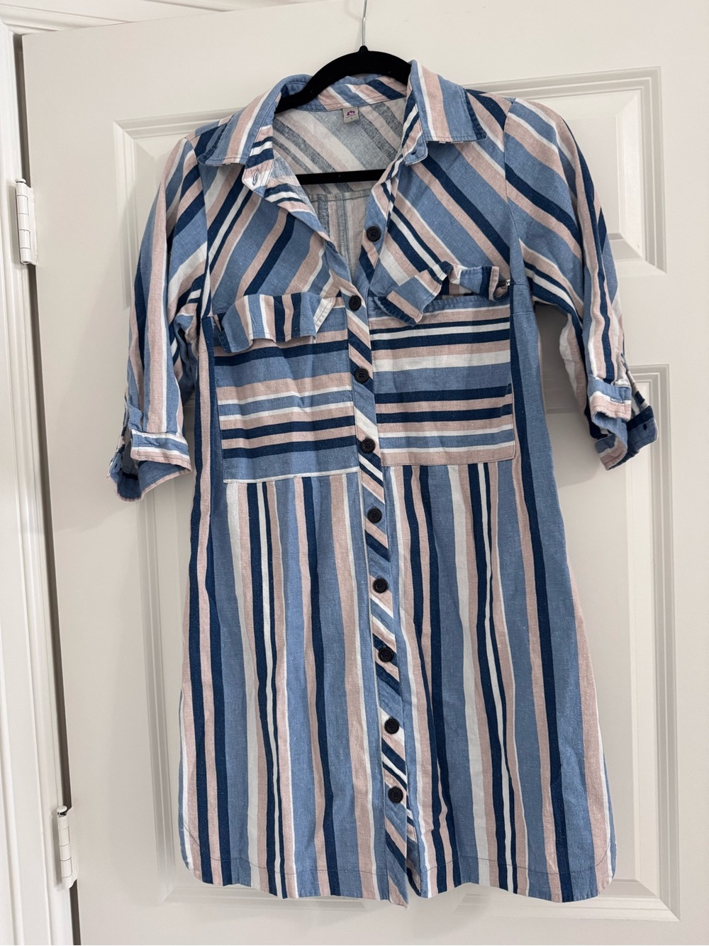 Striped Button-Front Linen Shirt Dress in Blue & Pink